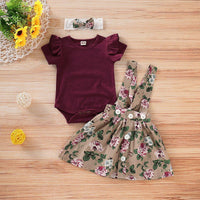 3-piece Burgundy Ruffle Bodysuit, Suspender Skirt and Headband Set Wholesale children's clothing - PrettyKid