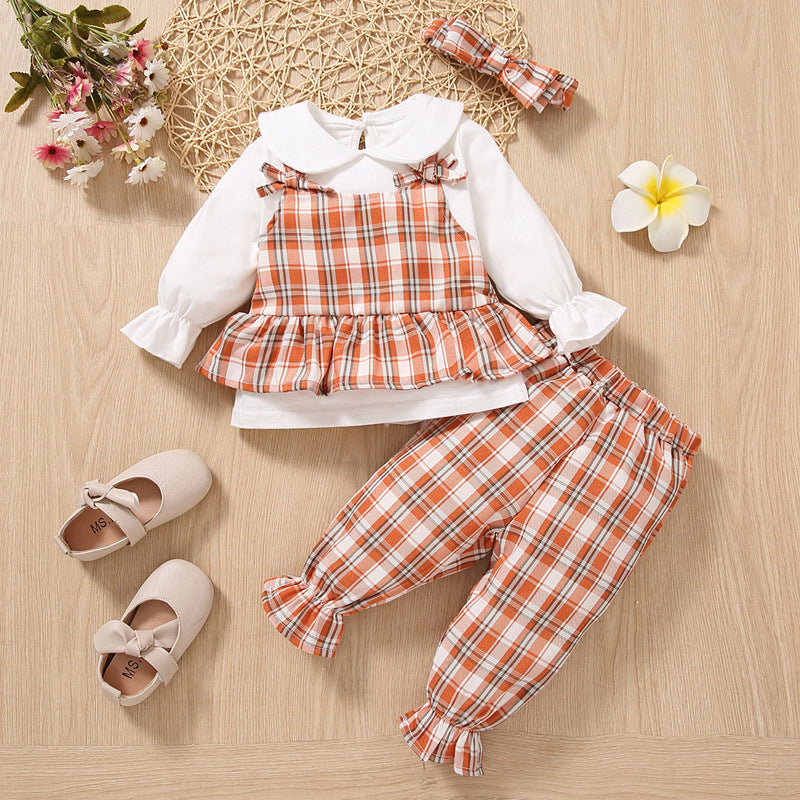 Baby Girls Plaid Doll Collar Top And Flared Pants Outfits Sets - PrettyKid