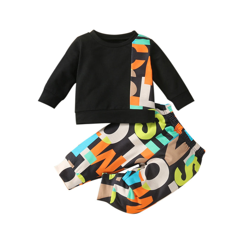 Colorblock Letter Print Hoodie Set With Long Pant Kids Designer Clothes Wholesale - PrettyKid