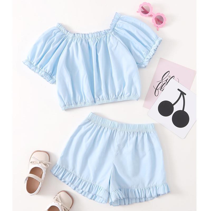 Girl Solid Color Ruffle Trim Top & Shorts - PrettyKid