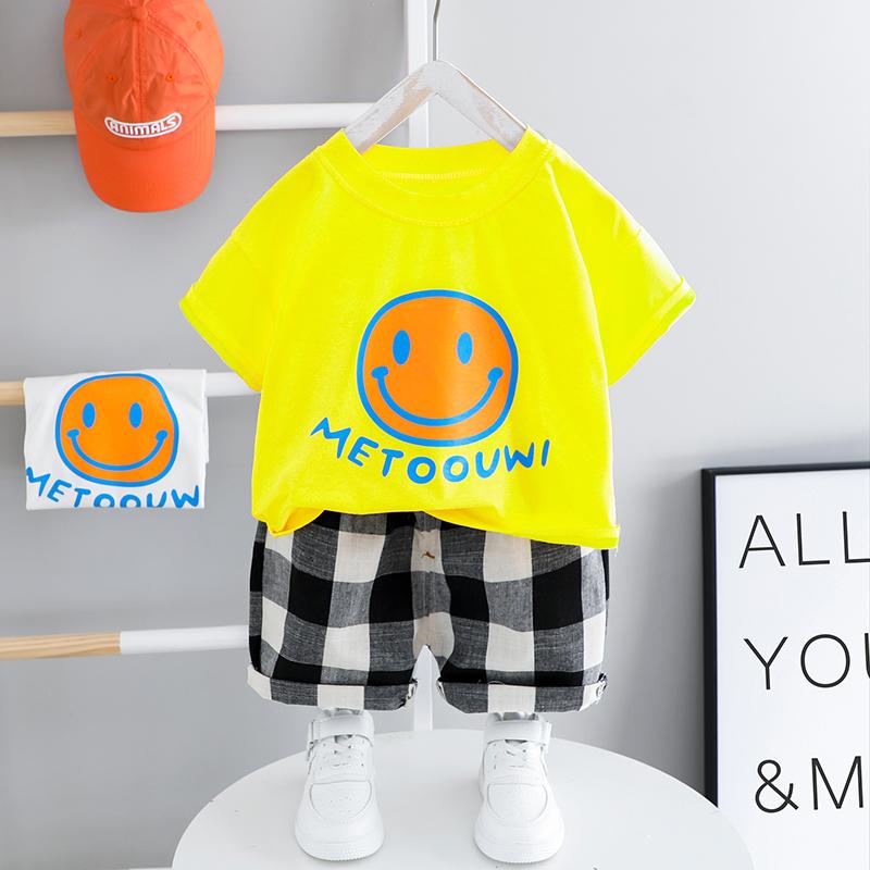 2pcs Fashion Color-block Smile Print T-shirt and Plaid Pants - PrettyKid