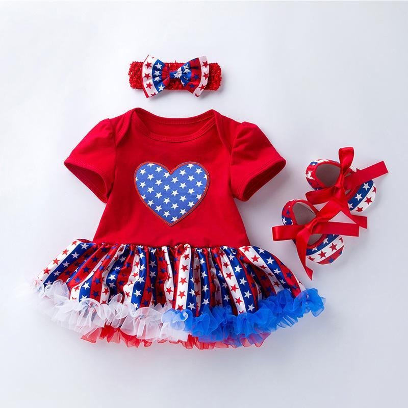 Baby Girl Independence Day Heart-shaped Print Mesh Tutu Hem Bodysuit & Headband Children's Clothing - PrettyKid