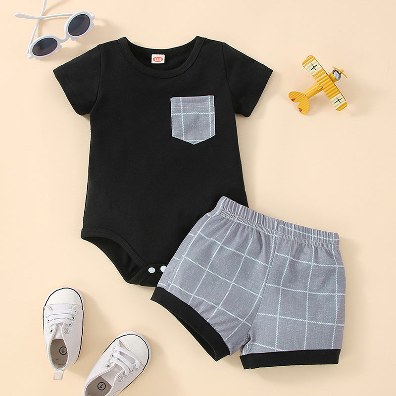 3-24M Baby Boys Outfits Sets Bodysuit & Plaid Shorts Bulk Baby Clothes Wholesale - PrettyKid