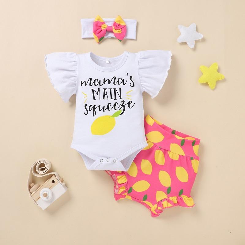 Baby Girl Fruit Pattern Romper & Super Shorts & Bowknot Headband - PrettyKid