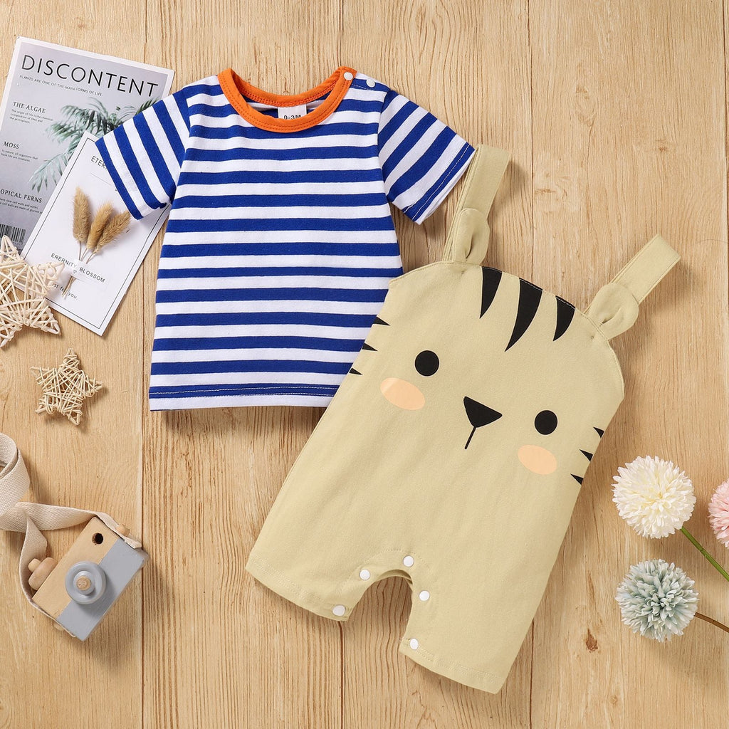 Baby Boy Striped Tee And Cat Overalls Baby Clothes Set - PrettyKid