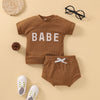 BABE Print Ribbed Top And Shorts Baby Outfit Sets - PrettyKid