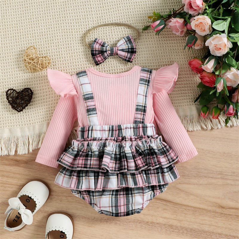 0-18M Baby Girl Onesies Long Sleeve Knit Butterfly Check Bodysuit And Headband Wholesale Baby Clothing - PrettyKid