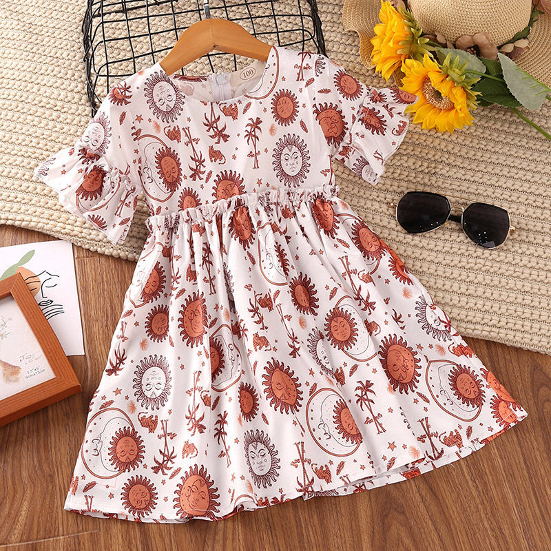 2-8Y Toddler Abstract Print Flare Sleeve Crew Neck Dresses For Girls Wholesale Girls Fashion Clothes - PrettyKid