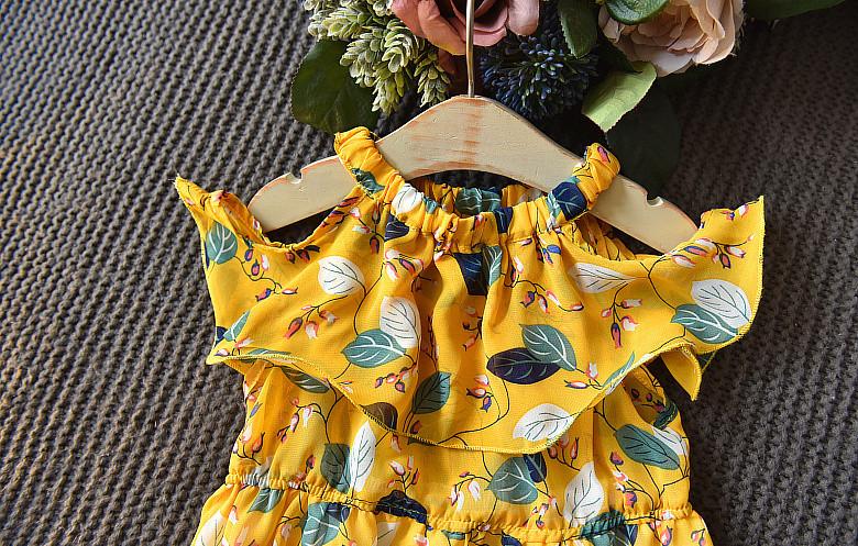 Girl Chiffon Off Shoulder Leaf and Flower Print Dress - PrettyKid