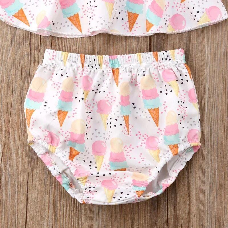 Toddler Girl Ice Cream Print Top & Super Shorts & Bowknot Headband - PrettyKid