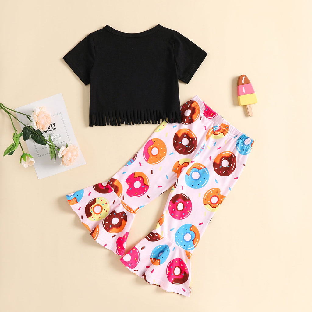 18months-6years Toddler Girl Sets 2022 Summer New Black Fringed Top & Donut Print Flared Trousers Suit - PrettyKid