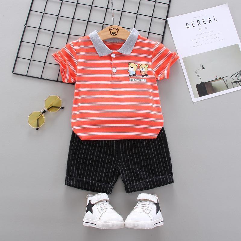 Grow Boy Bear Pattern Striped Polo Shirt & Striped Shorts - PrettyKid