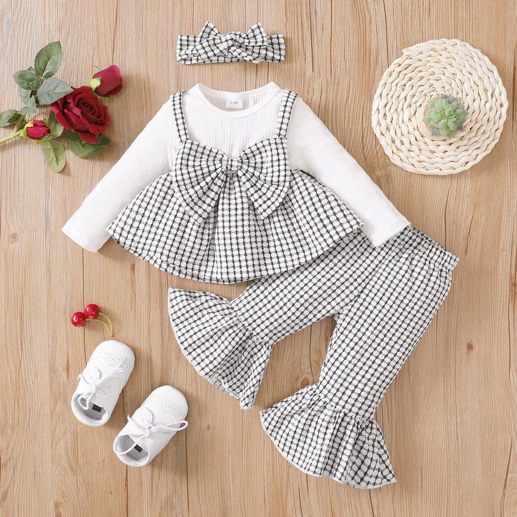 Baby Girl Swallow Gird Bow Long Sleeves And Flared Pants With Headband Baby Clothes Set - PrettyKid