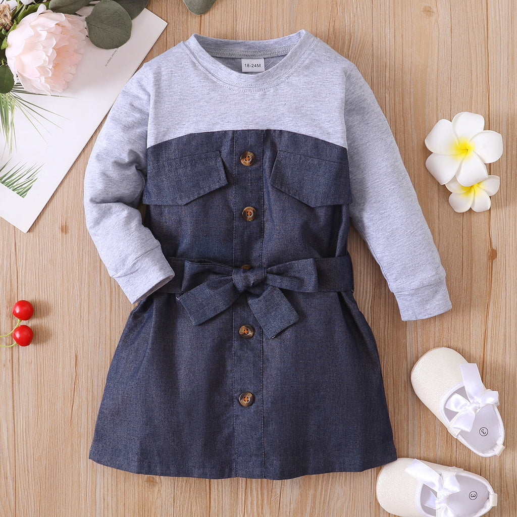 Colorblock Denim Dress With Bow Toddler Dress Suit - PrettyKid