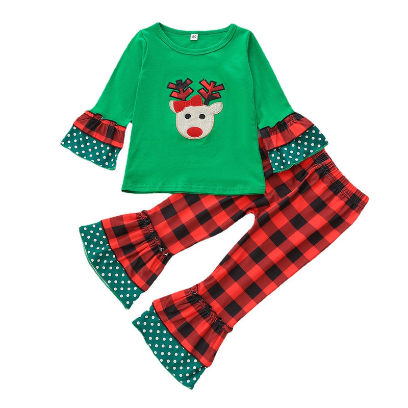 Christmas Elk Pattern Top And Check Bell Bottom Pants Toddler Girl Clothing Sets - PrettyKid