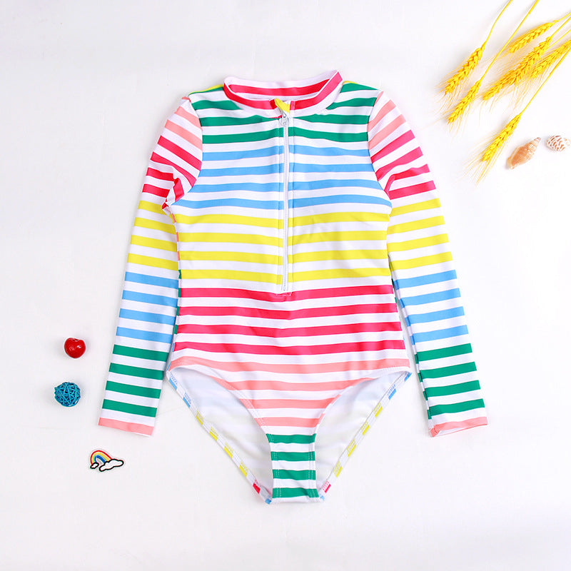 Colorful Striped Long Sleeve Bodysuits Swimwear For Girl - PrettyKid