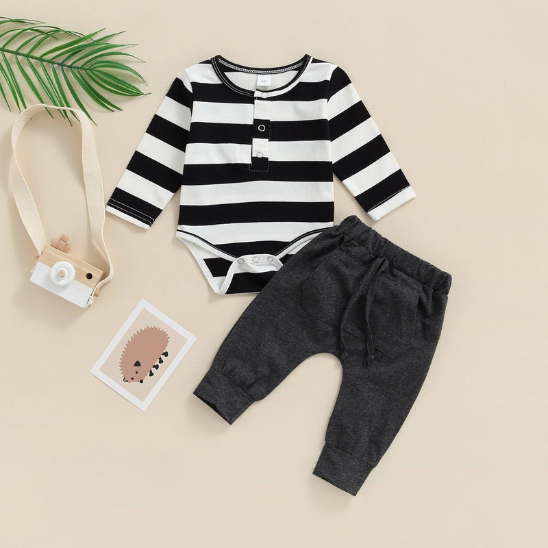 Baby Boys Black And White Stipe Bodysuit Ankle Banded Pants Wholesale Baby Clothing - PrettyKid