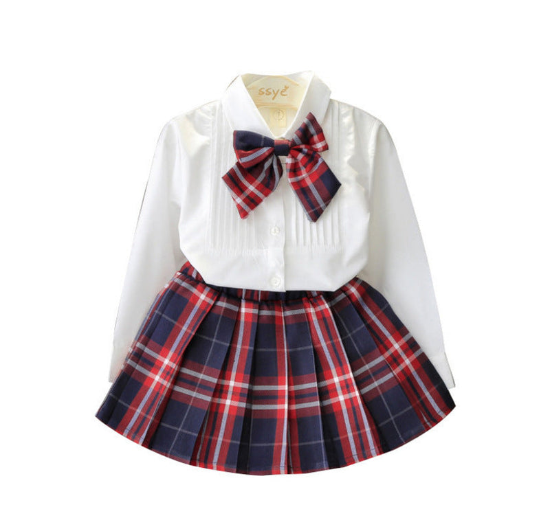 Bowtie Blouse And Plaid Pleated Skirt Wholesale Little Girl Clothing Sets - PrettyKid