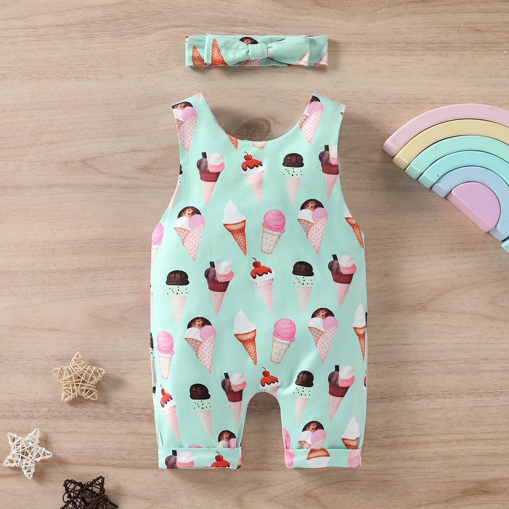 0-18M Baby Girls Ice Cream Print Tank Jumpsuit & Headband Bulk Baby Clothes Wholesale - PrettyKid