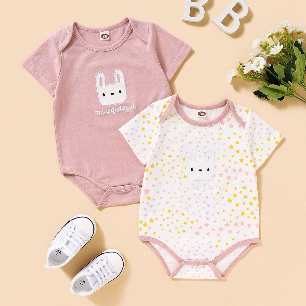 Baby Girls 2PCS Rabbit Star Printed Short Sleeve Rompers Baby Romper Wholesale - PrettyKid
