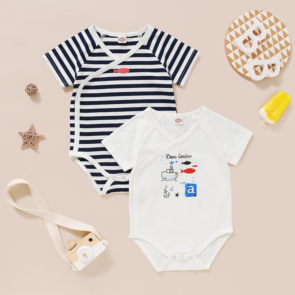 Baby Unisex 2PCS Striped Fish Printed Short Sleeve Rompers Spanish Baby Clothes Wholesale - PrettyKid