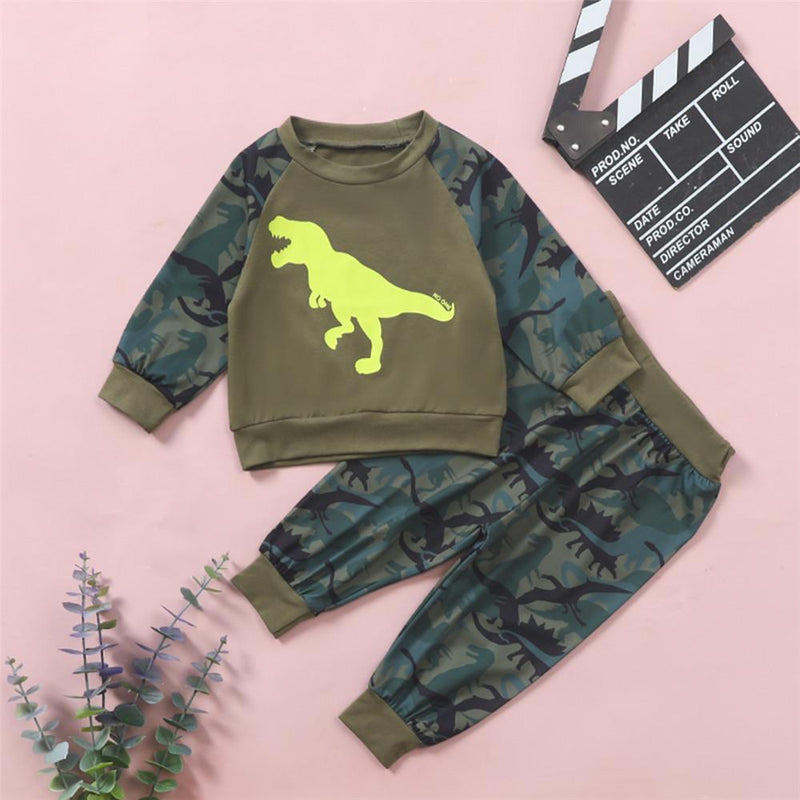 Baby Boys Dinosaur Nature Printed Long Sleeve Top & Pants Cheap Baby Boutique Clothes - PrettyKid