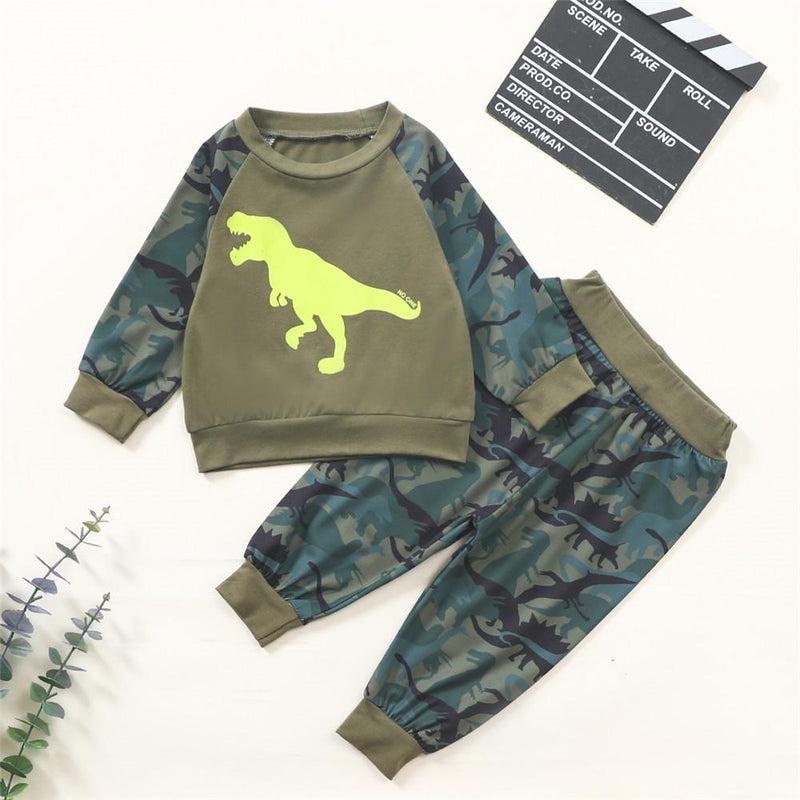 Baby Boys Dinosaur Nature Printed Long Sleeve Top & Pants Cheap Baby Boutique Clothes - PrettyKid