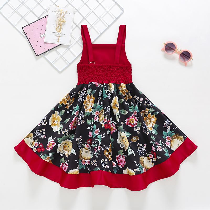Summer Girls Splice Print Suspender Dovetail Dress - PrettyKid