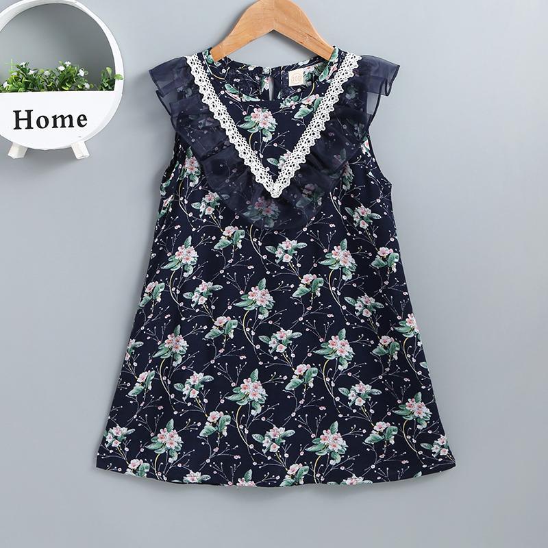 Girls' Floral Print Lace Flying Sleeve Dress - PrettyKid