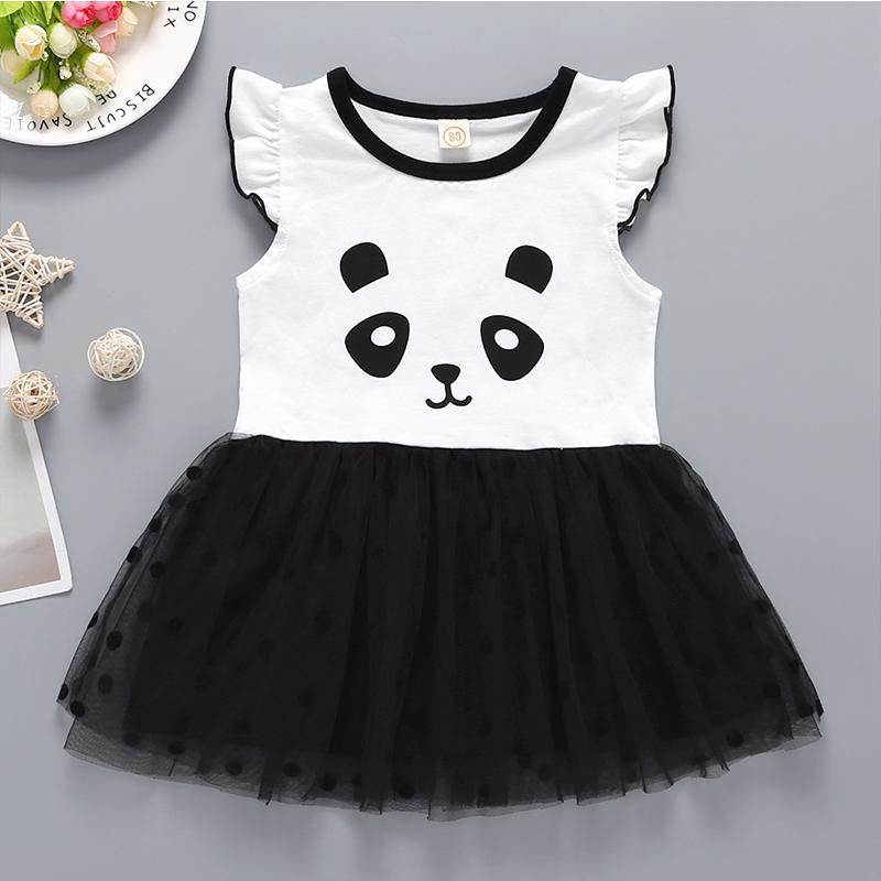 Baby Girl Panda Print Fly Sleeve Spliced Dot Dress - PrettyKid