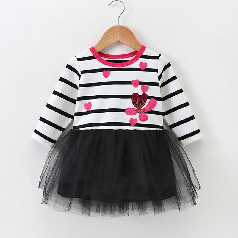 Fashion Love Heart Embroidery Flower Striped Layered Tulle Dress - PrettyKid