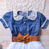 Fashionable Short Sleeve Denim Bow Belt Princess Mesh Skirt - PrettyKid