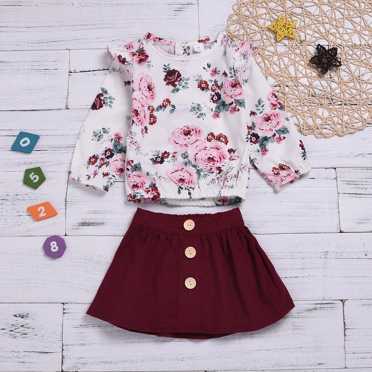 Toddler Girls Long Sleeve Floral Top Solid Color Skirt - PrettyKid