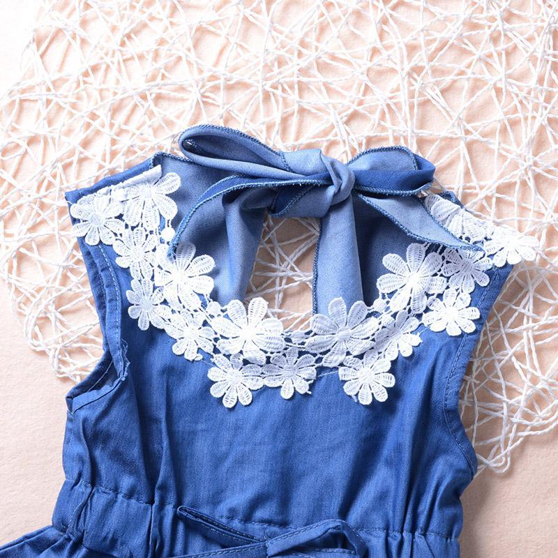 Fashionable Girls Imitation Denim Lace Flower Princess Dress - PrettyKid