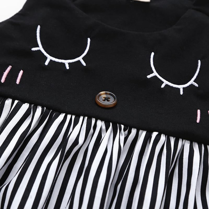 Toddler Girls Cute Cartoon Print Suspender Stripe Splice Dress - PrettyKid