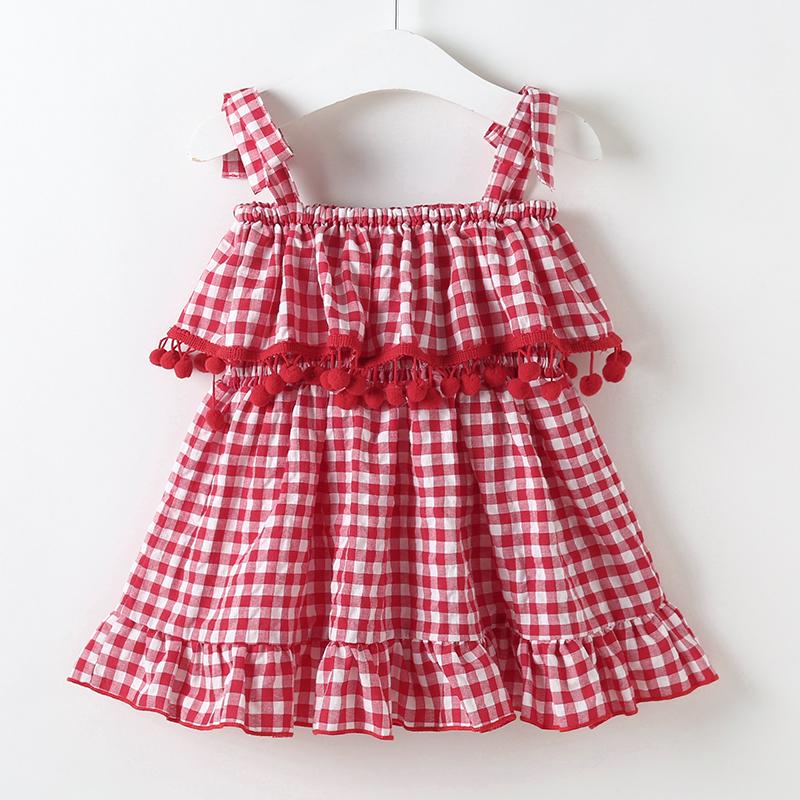 Summer Girls' Middle And Small Children's Suspender Plaid Ruffle Dress - PrettyKid