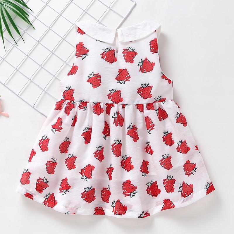 Girls Cute Lapel Strawberry Print Dress - PrettyKid