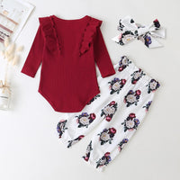 Baby Casual Solid Long Sleeve Romper & Floral Pants & Headband - PrettyKid