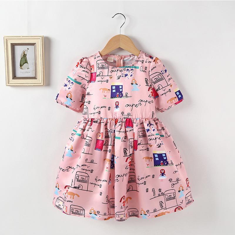 Girl's Short Sleeve Cartoon Letter Full Print Dress - PrettyKid