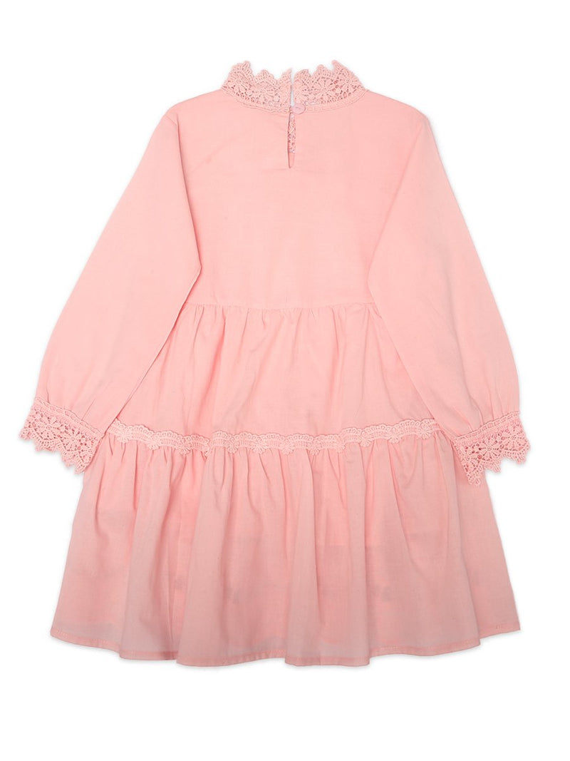 Girls Long Sleeve Lace Hollow Out Lace Collar Dress - PrettyKid