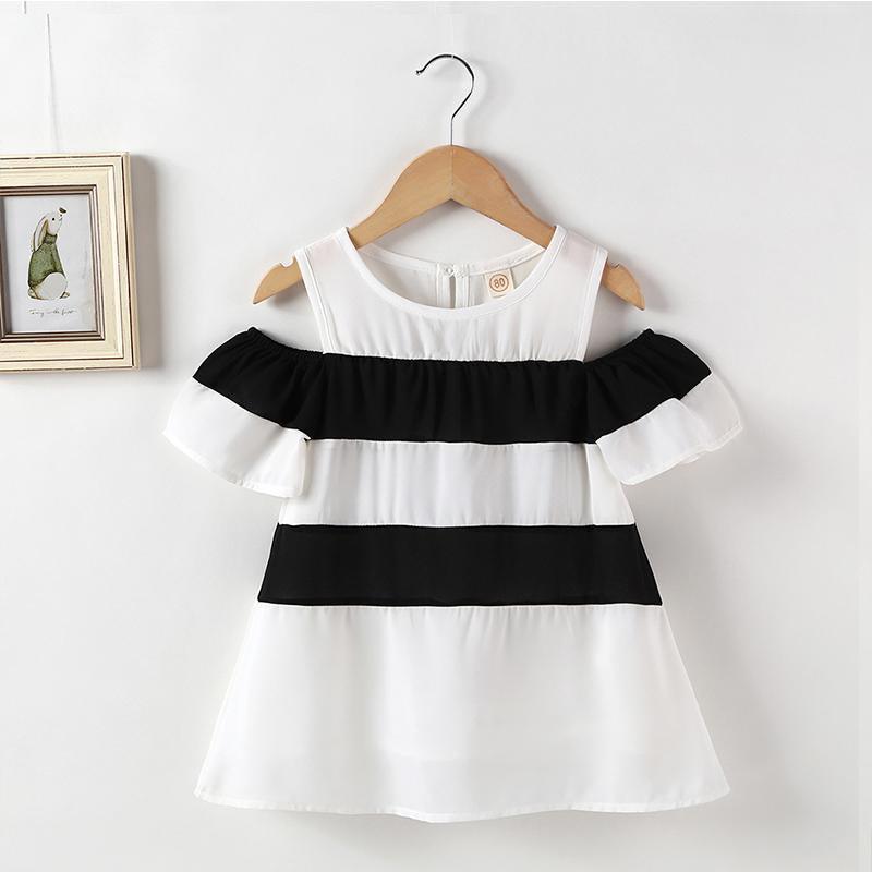 Girls Contrast Color Splice Off Shoulder Dress - PrettyKid