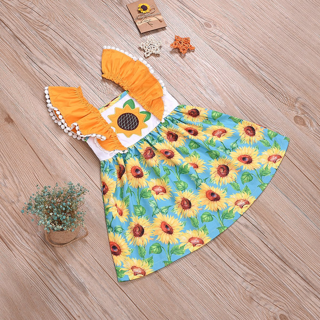 Toddler Girl Sunflower Allover Print Dress Fly Sleeve Princess Skirt - PrettyKid
