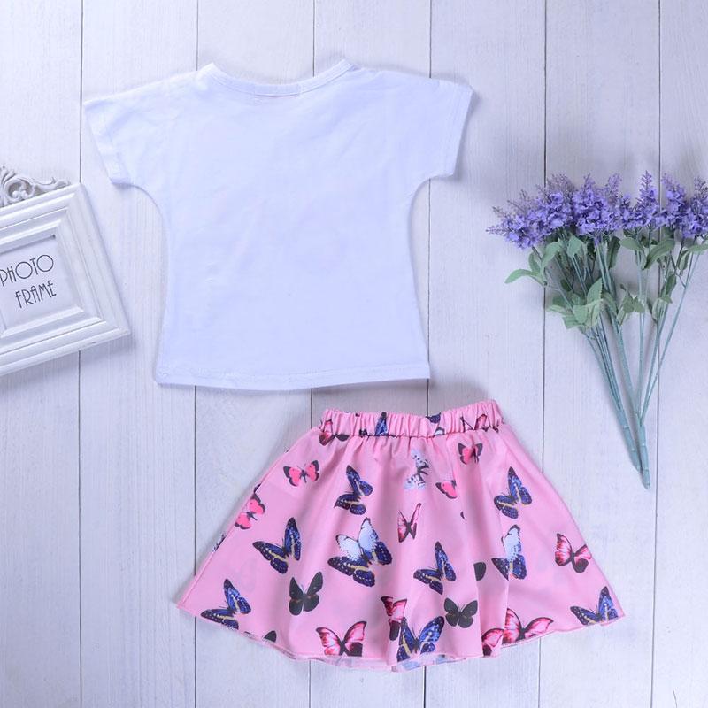 Fashionable Butterfly Print Round Neck Top & Cartoon Skirt - PrettyKid