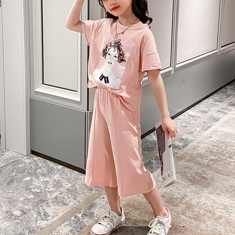 Girl Figure Pattern T-shirt & Solid Color Loose Pants Children's Clothing - PrettyKid