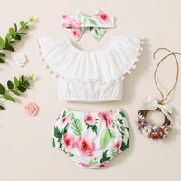 Baby Girl Ruffle Top & Letter Super Shorts & Bowknot Headband - PrettyKid