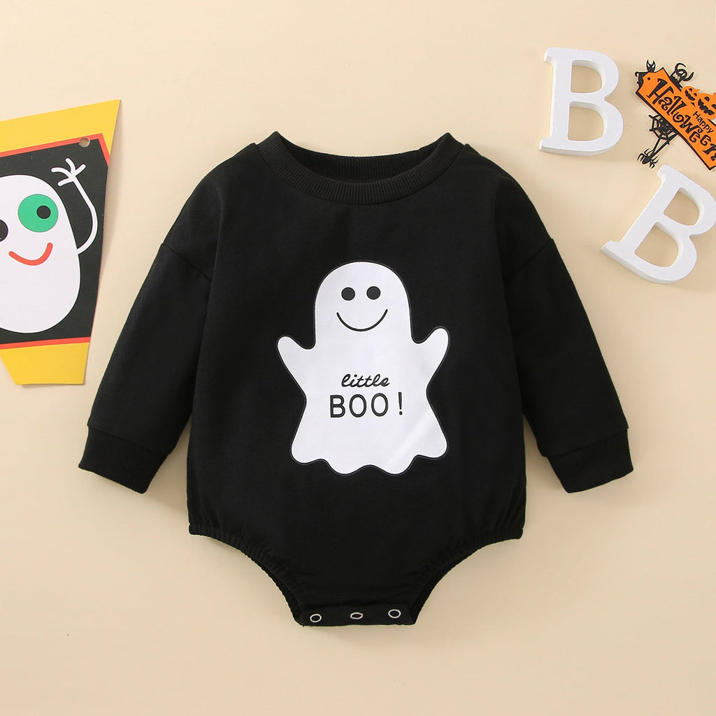 0-18M Ghost Smile Face Print Black Long Sleeve Romper Onesies Baby Wholesale Clothing - PrettyKid