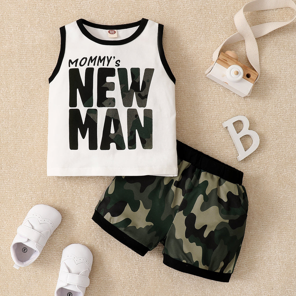 Baby Boy NEW MAN Print Tank Top And Camouflage Shorts Baby Boy Clothing Sets - PrettyKid