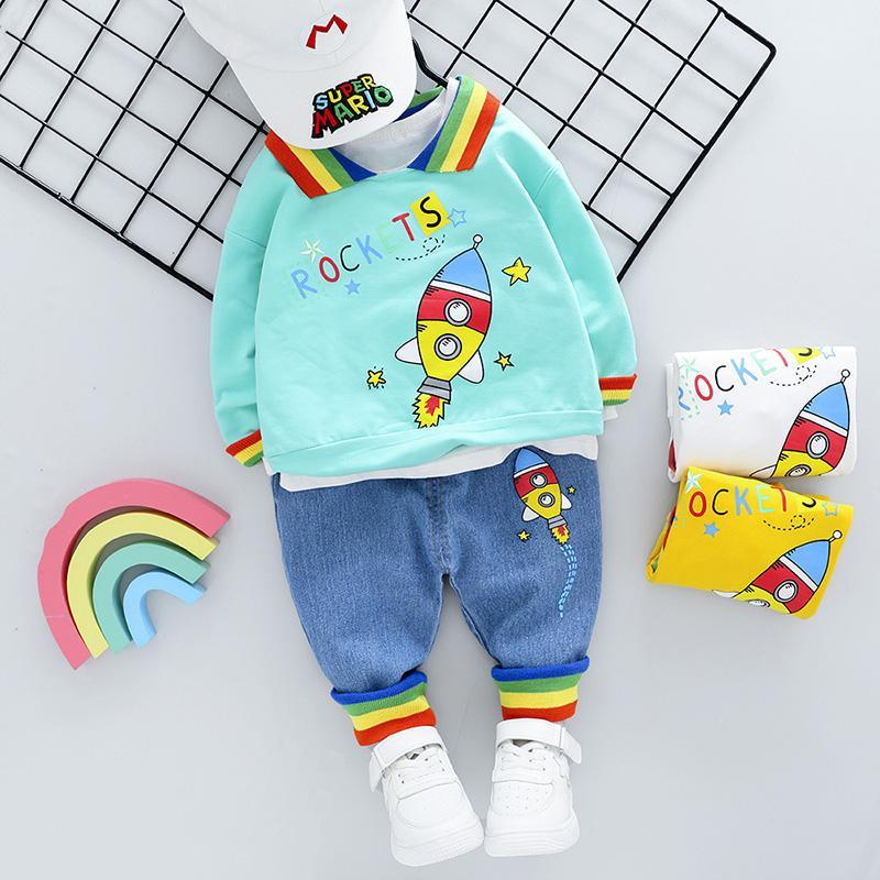 2-piece Fashion Cute Rockets Print Color-block Hoodies and Jeans - PrettyKid