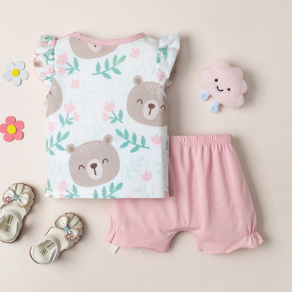 3-24M Girls Shorts Set Sleeveless Bear Print Bow Panel Wholesale Baby Clothes - PrettyKid