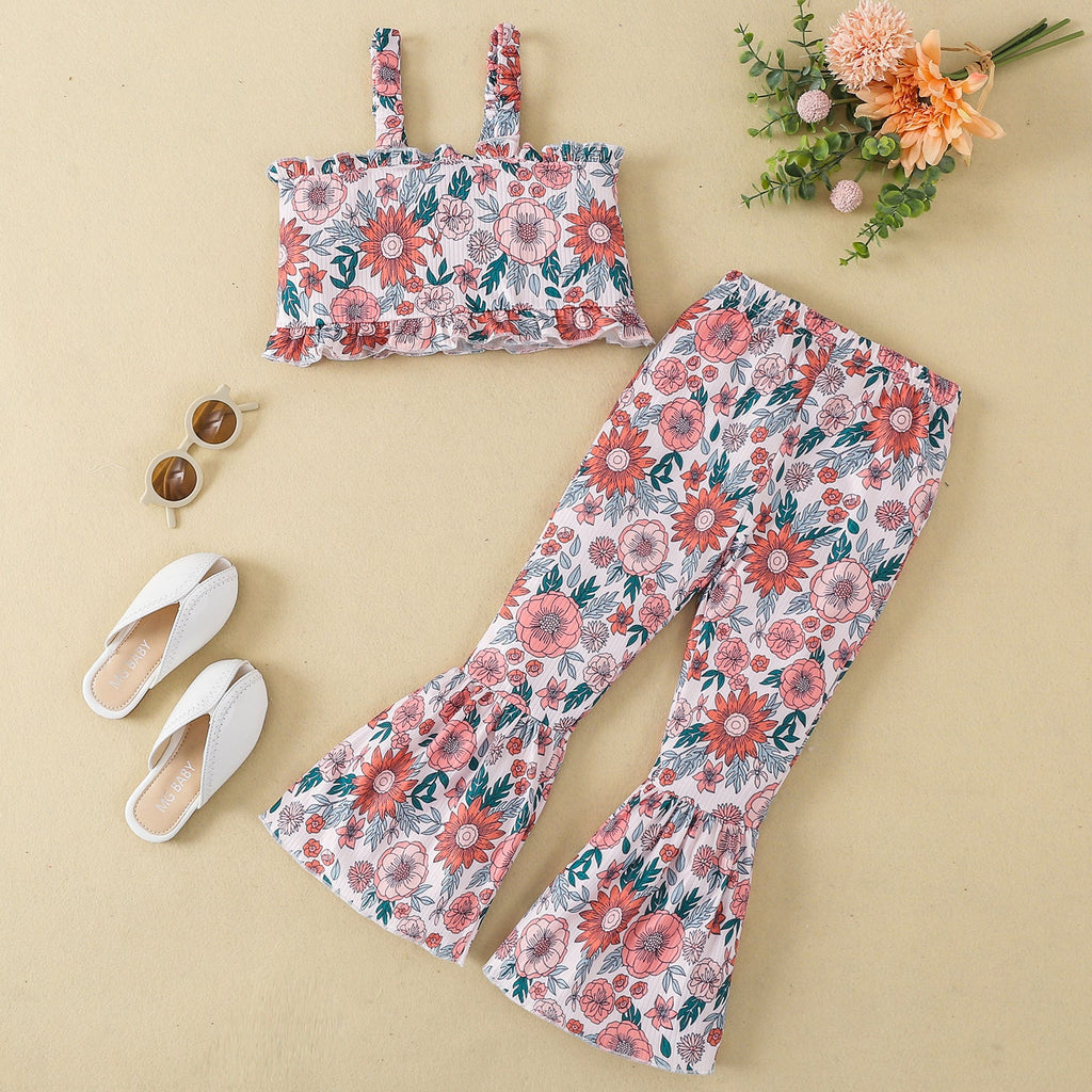 18M-6Y Toddler Girls 2 Pieces Sets Floral Print Cami Top & Bell Bottom Pants Fashion Girl Wholesale - PrettyKid